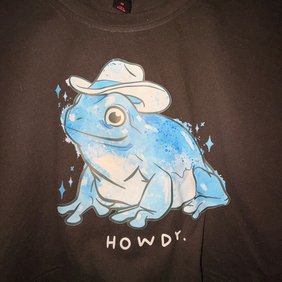 ROMWE Black Tee with Blue Frog Design howdy cowboy country funny crop top - Picture 8 of 8